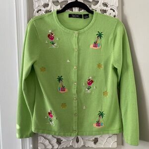 Crystal Kobe Vintage Christmas At The Beach Cardigan Sweater Sz M Festive Artsy
